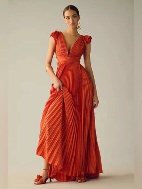 Mac Duggal Orange Pleated Corset Lace Up Back Ruffle Gown Size 4